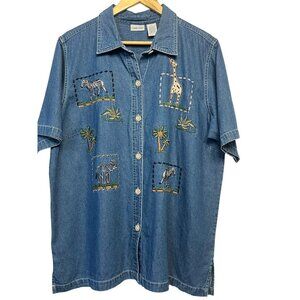 Vintage Cabin Creek Jean Shirt Size 1X Safari Animal Embroidery & Button-Front